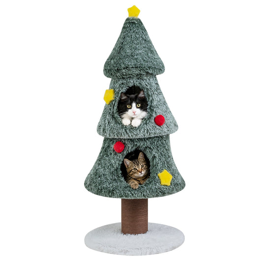 127 CM Christmas Cat Tree with 2 Condos and Scratching Post for Kittens-Green