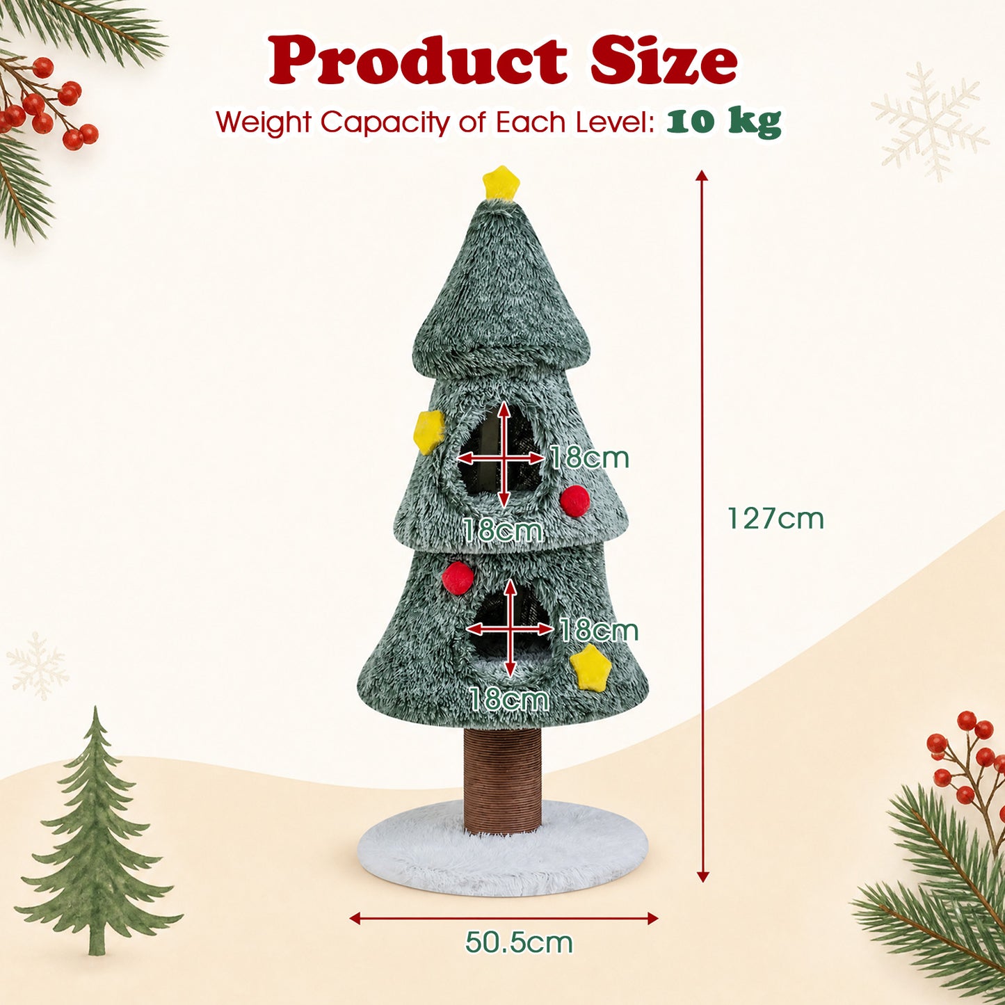127 CM Christmas Cat Tree with 2 Condos and Scratching Post for Kittens-Green