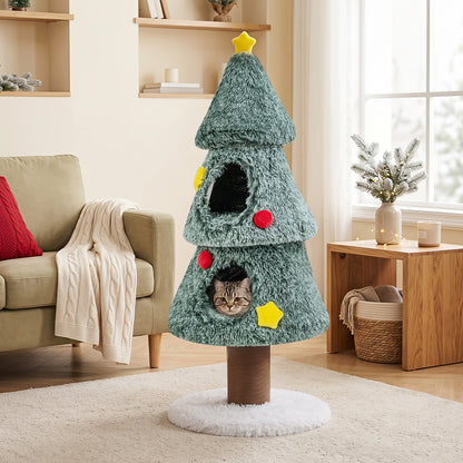 127 CM Christmas Cat Tree with 2 Condos and Scratching Post for Kittens-Green