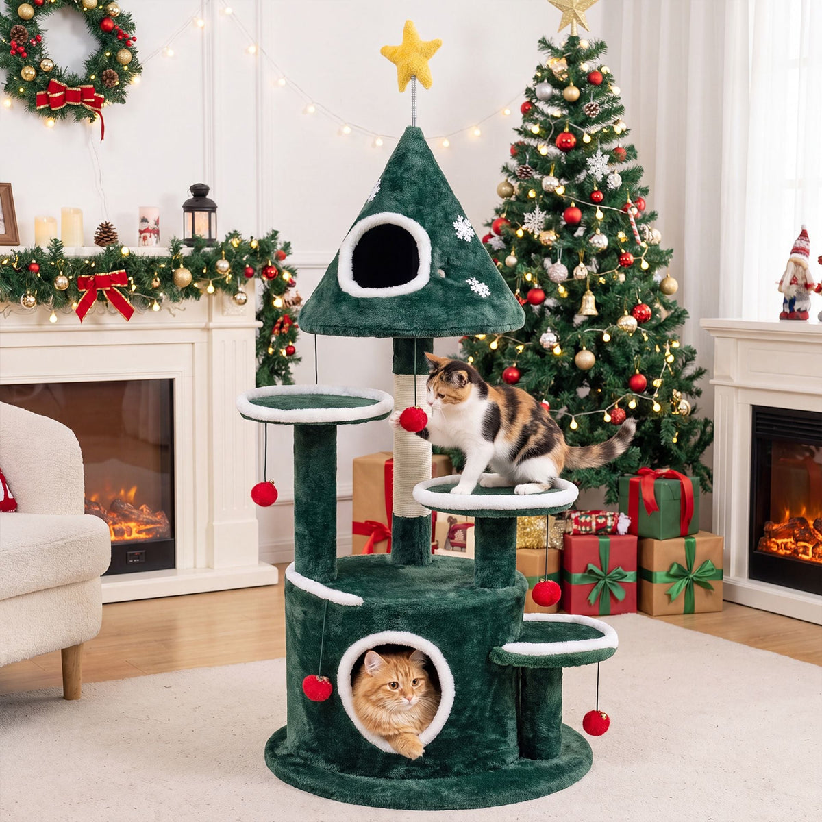 127 cm Christmas Cat Tree with 2 Condos and Sisal Scratching Post-Green