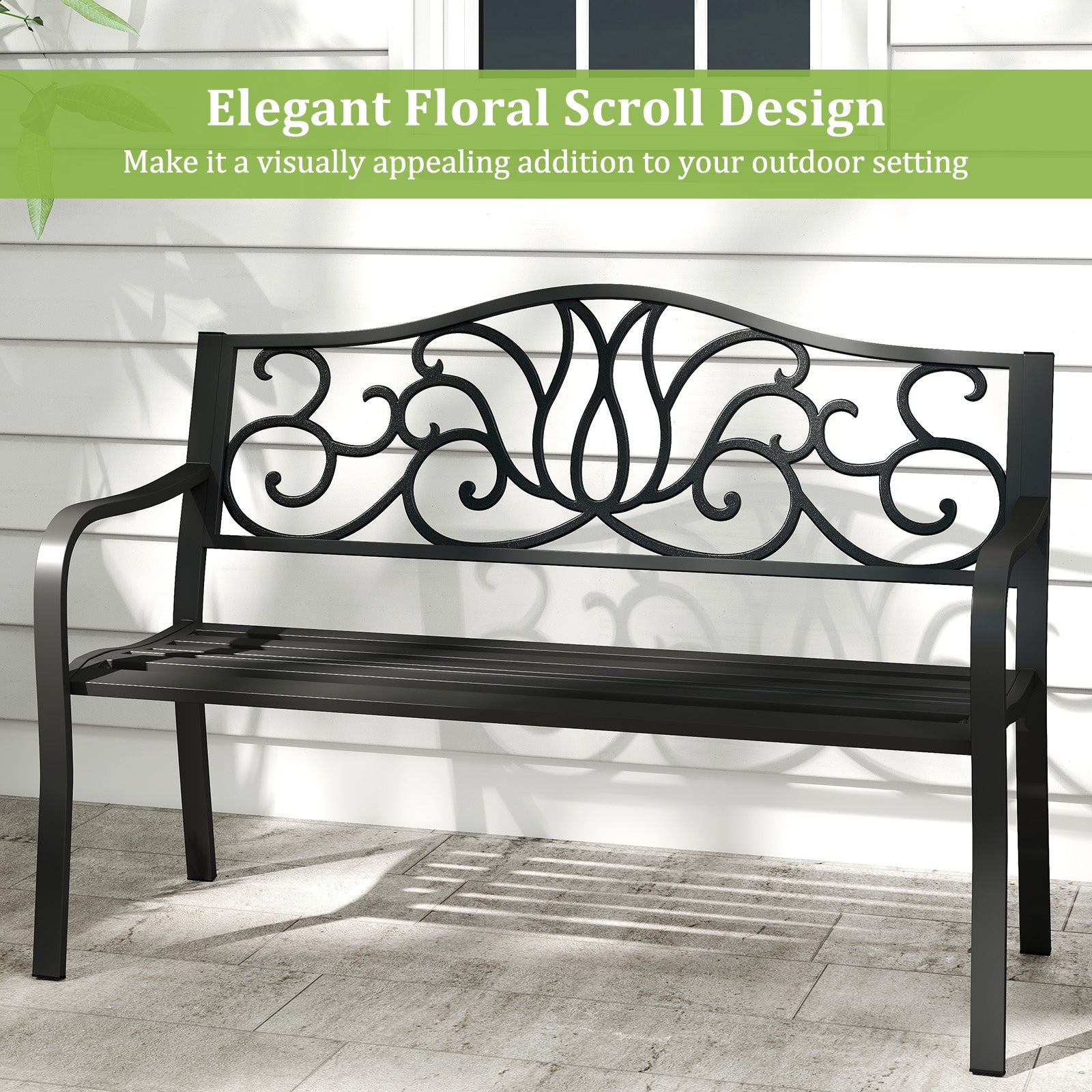 127CM Outdoor Garden Bench with Floral Design Backrest and Slatted Seat-Black