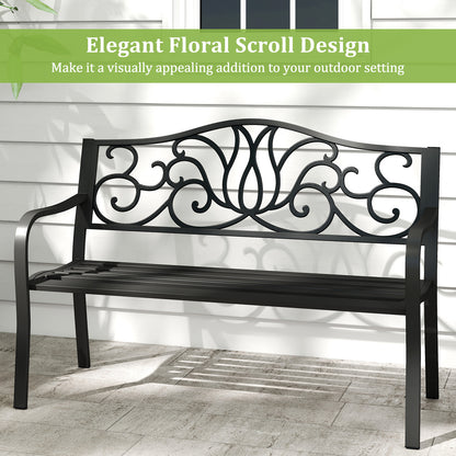 127CM Outdoor Garden Bench with Floral Design Backrest and Slatted Seat-Black