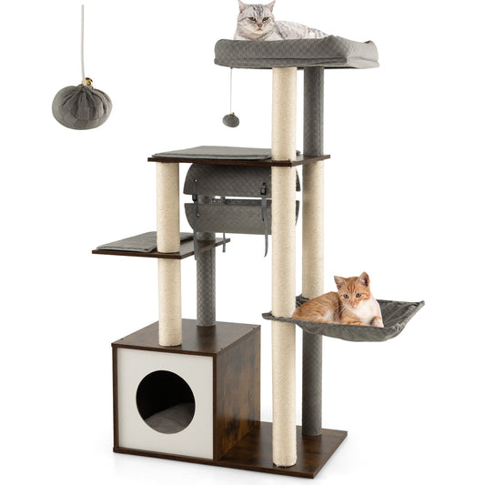 127cm Wood Cat Tree with Hammock and Swing Tunnel-Grey