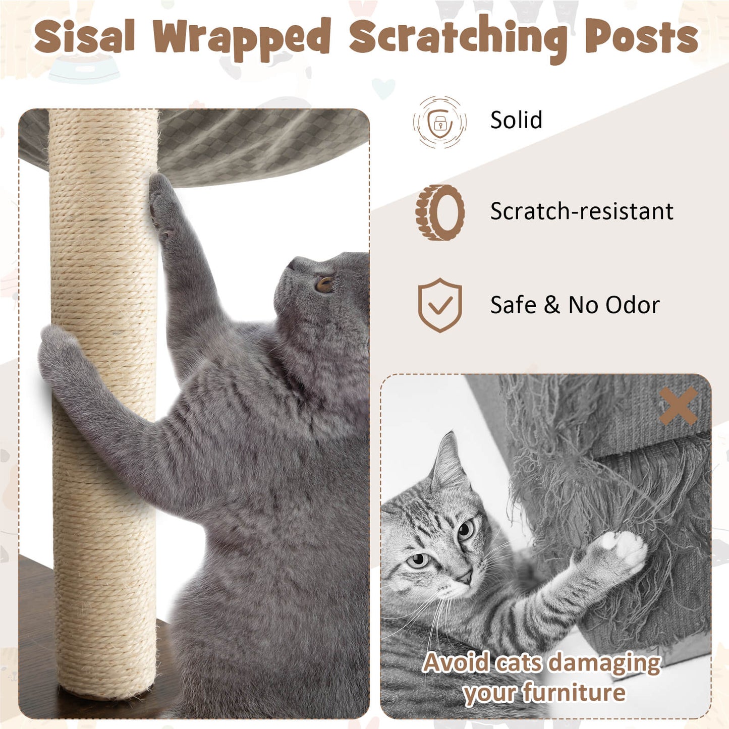 127cm Wood Cat Tree with Hammock and Swing Tunnel-Grey