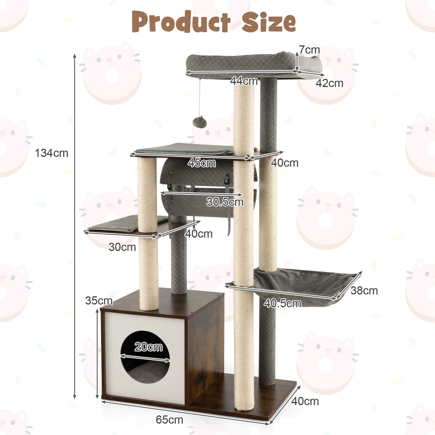 127cm Wood Cat Tree with Hammock and Swing Tunnel-Grey