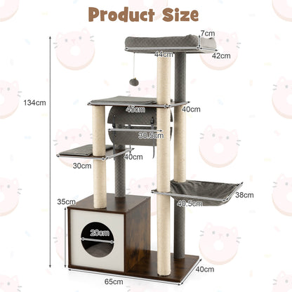 127cm Wood Cat Tree with Hammock and Swing Tunnel-Grey