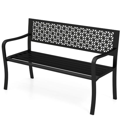 127CM Garden Bench with Patterned Backrest and Curved Armrests2-3-Person Patio Bench-Black