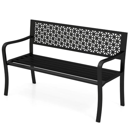 127CM Garden Bench with Patterned Backrest and Curved Armrests2-3-Person Patio Bench-Black