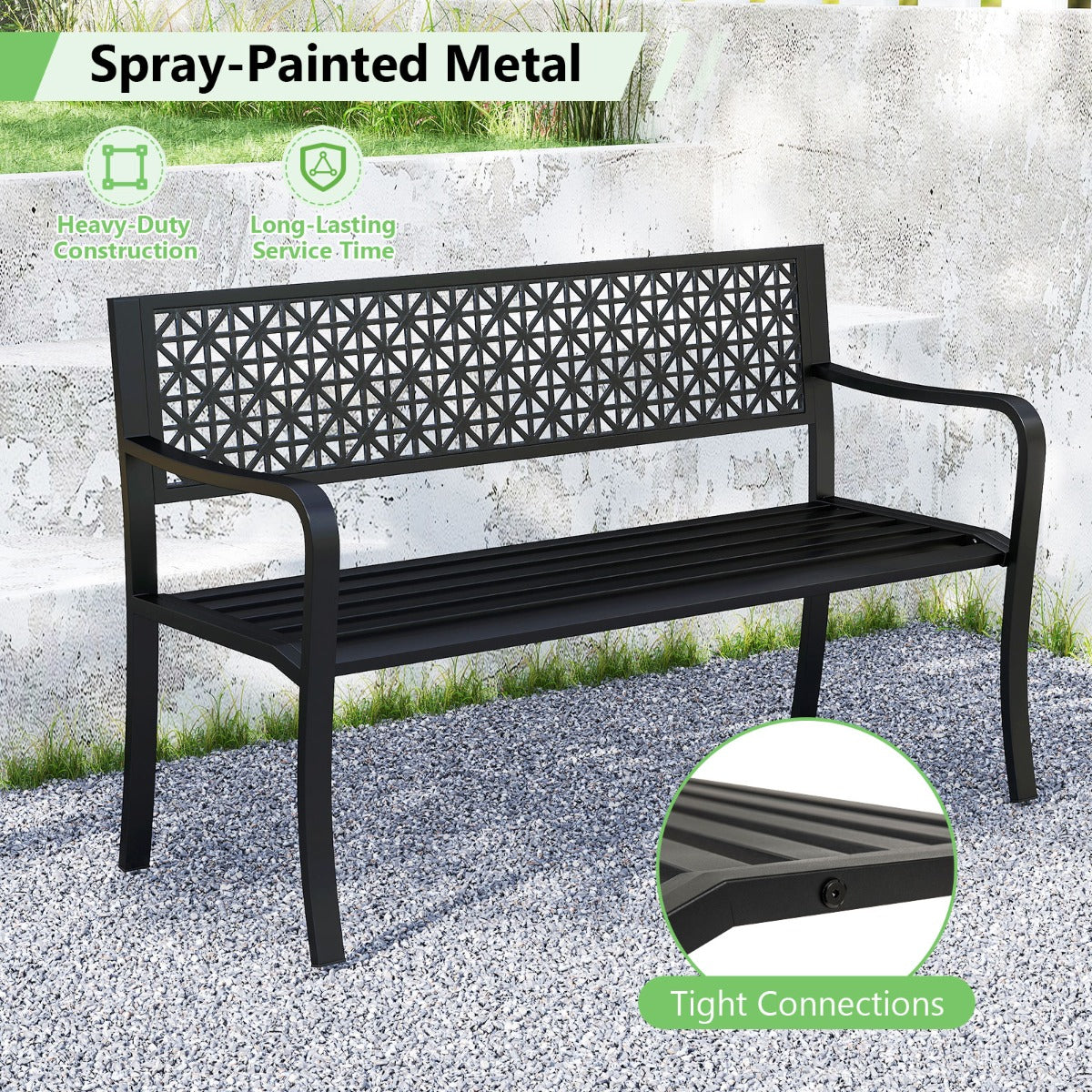 127CM Garden Bench with Patterned Backrest and Curved Armrests2-3-Person Patio Bench-Black