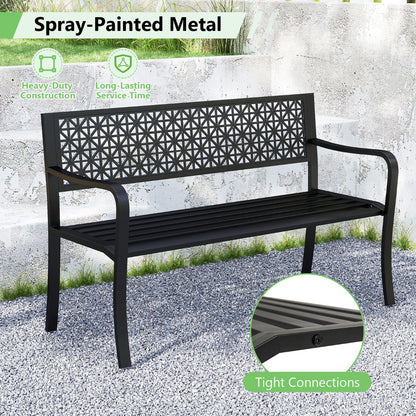 127CM Garden Bench with Patterned Backrest and Curved Armrests2-3-Person Patio Bench-Black