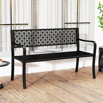 127CM Garden Bench with Patterned Backrest and Curved Armrests2-3-Person Patio Bench-Black
