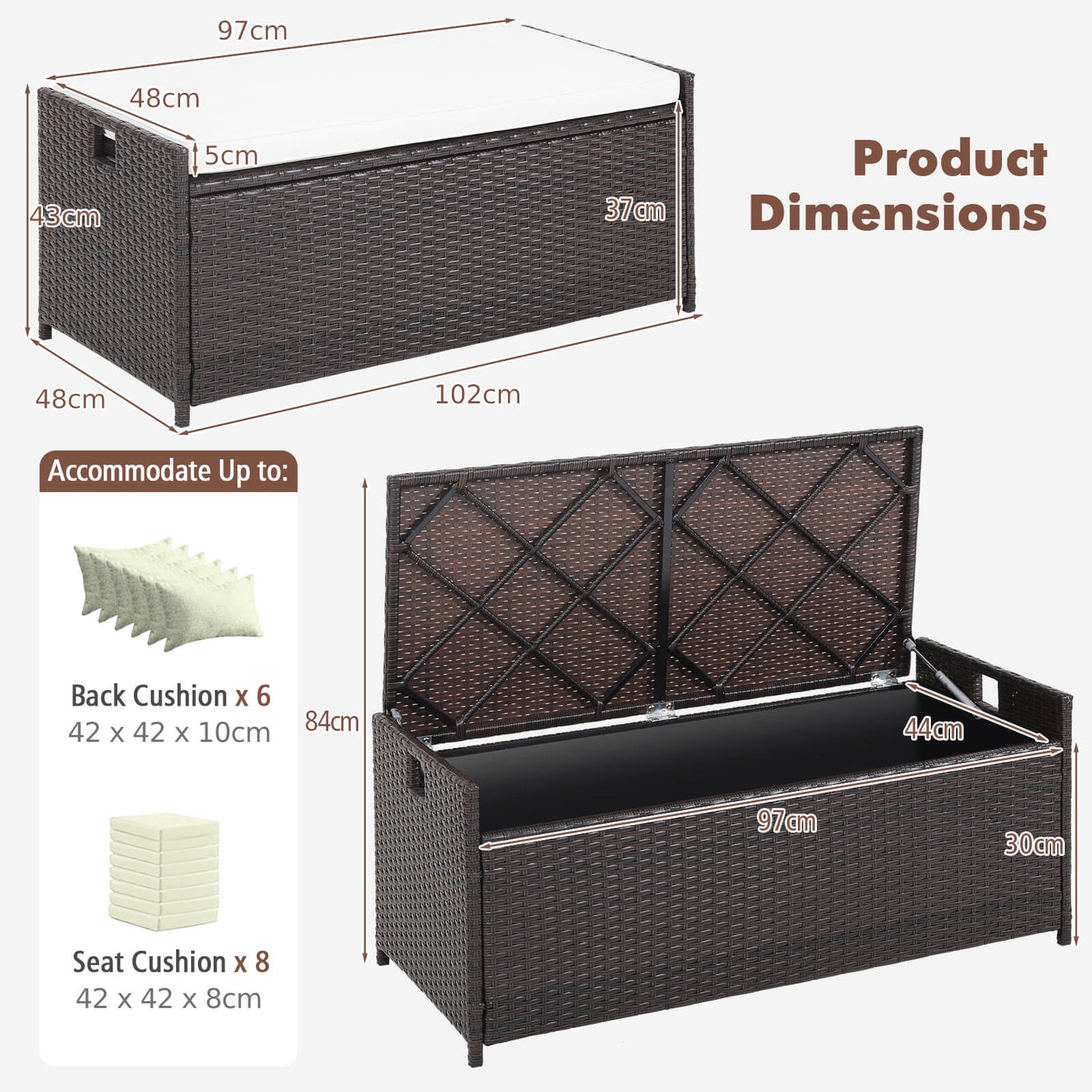 128L Patio Storage Bench with Cushion and Zippered Liner