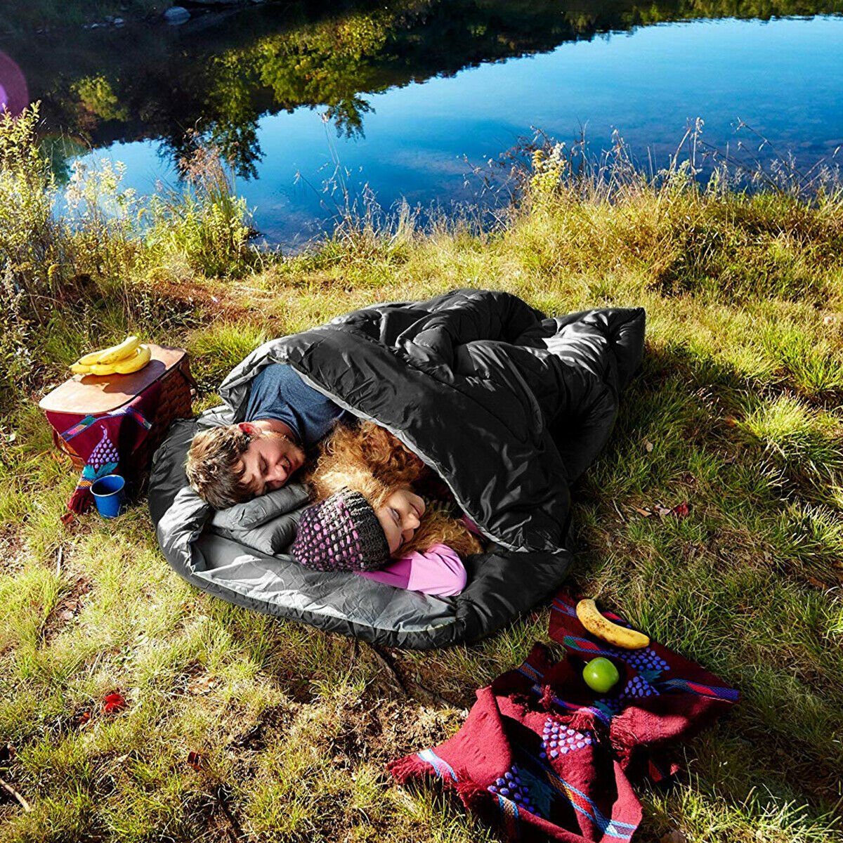 Double Sleeping Bag Extra Large Waterproof with Carrying Bag-Black