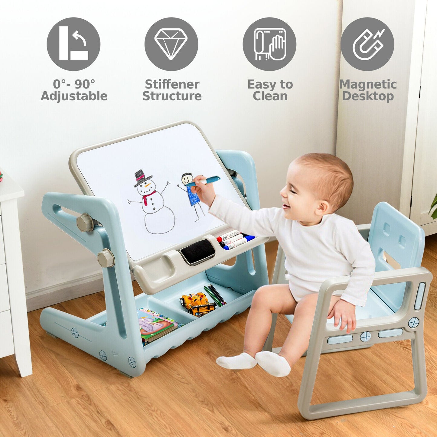 Children's Art Easel / Table and Chair Set with Ample Storage Space-Blue
