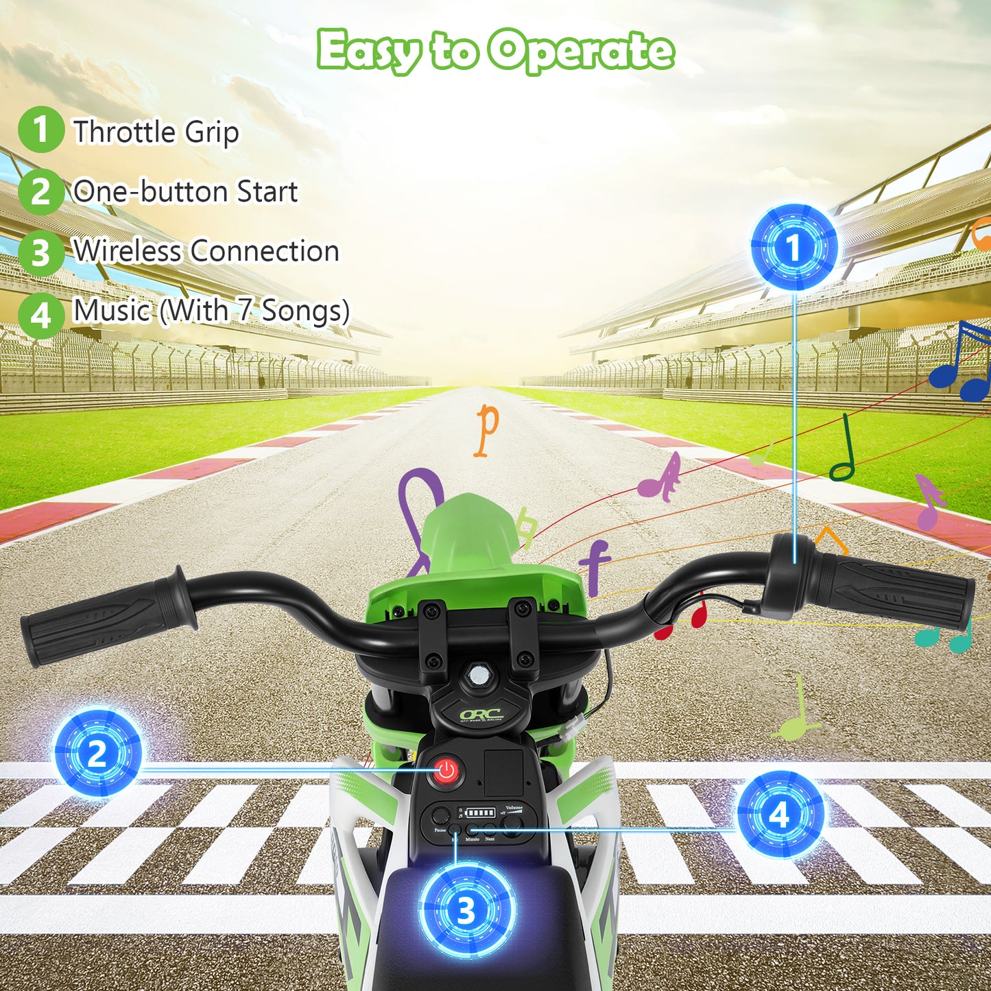 12V Kids Dirt Bike with Twist Throttle Grip Electric Motorcycle with Music-Green
