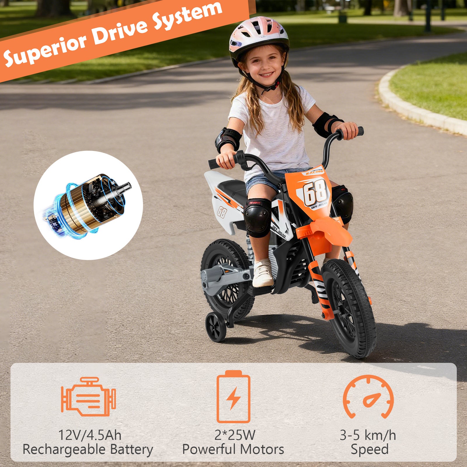 12V Kids Dirt Bike with Twist Throttle Grip Electric Motorcycle with Music-Orange