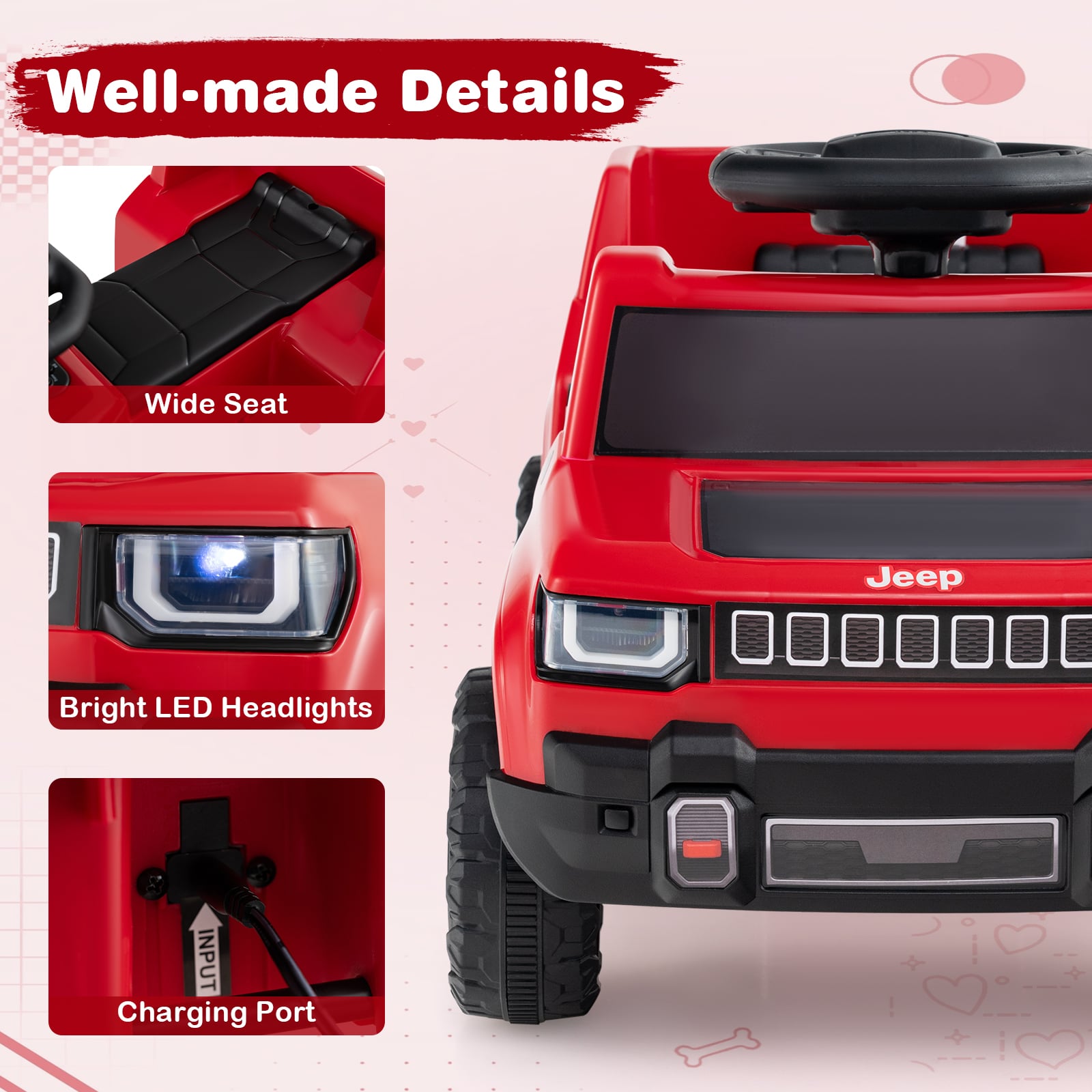 12V Kids Ride On Car Licensed Jeep Electric Vehicle with LED Lights for 18-96 Months-Red