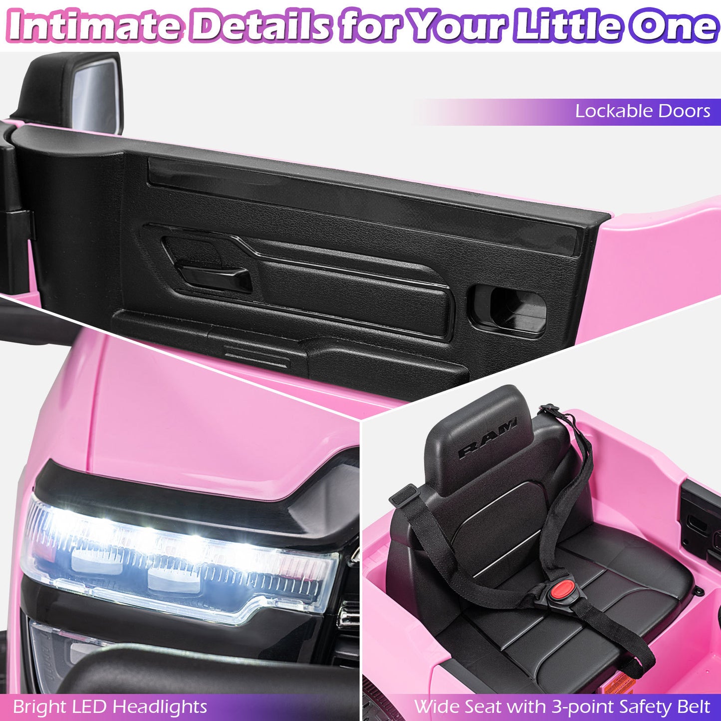 12V Kids Ride On Car with Remote Control and LED Lights-Pink