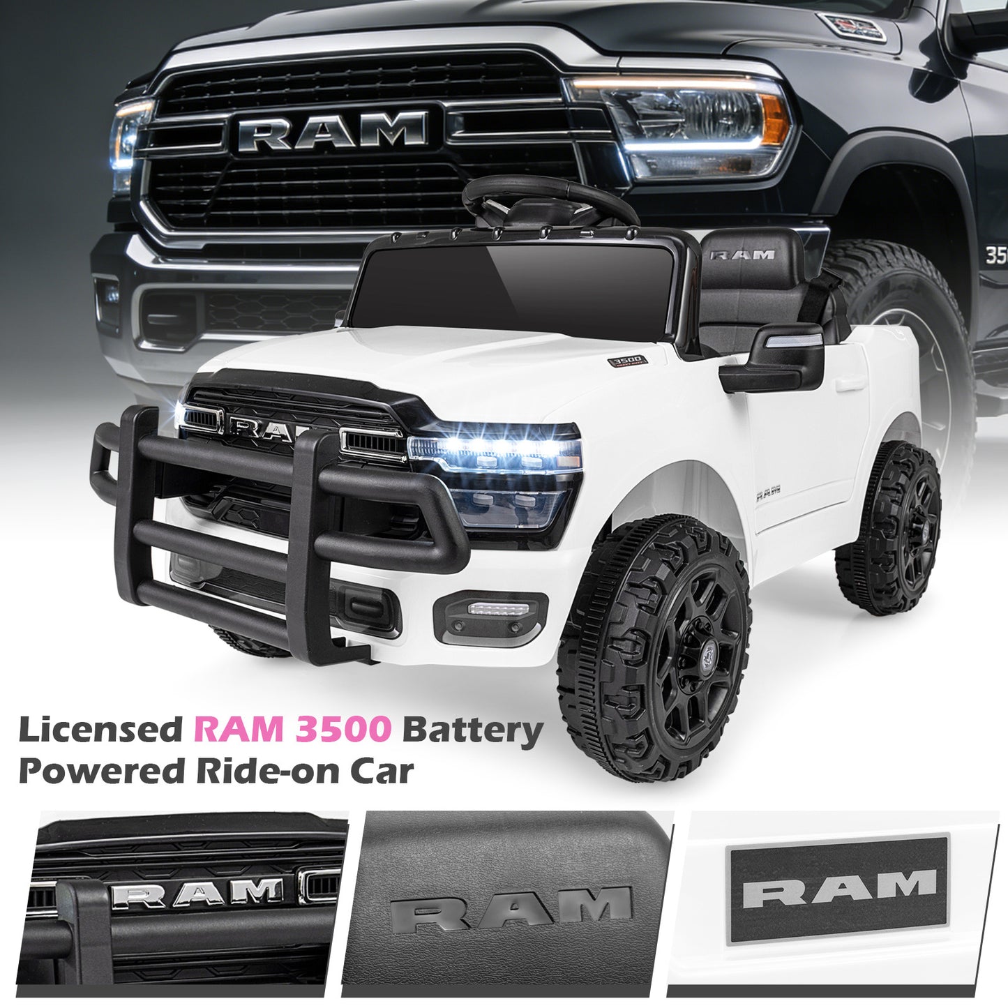 12V Kids Ride On Car with Remote Control and LED Lights-White