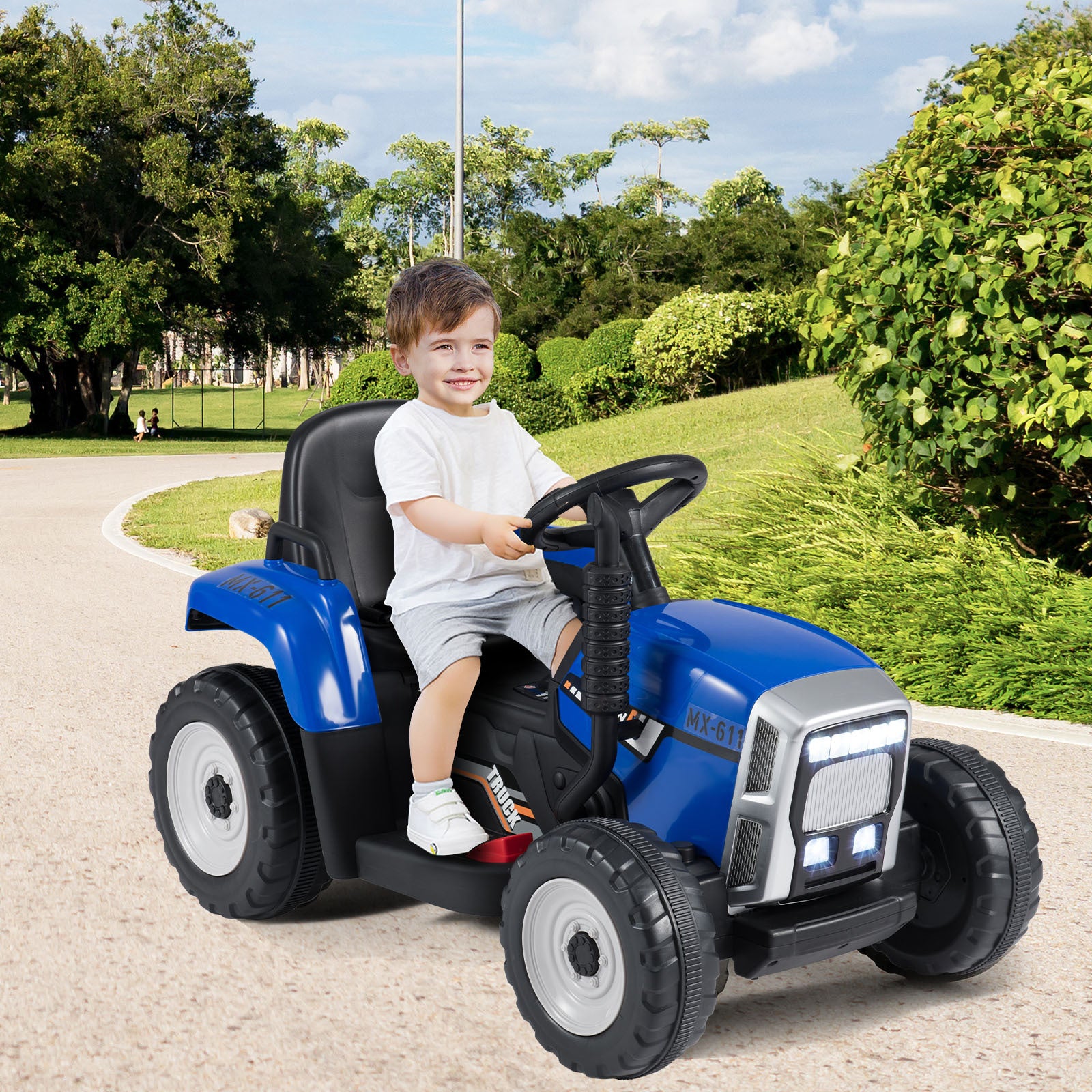 12V Kids Ride On Tractor with Trailer Music and LED Lights-Blue