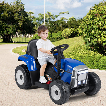 12V Kids Ride On Tractor with Trailer Music and LED Lights-Blue
