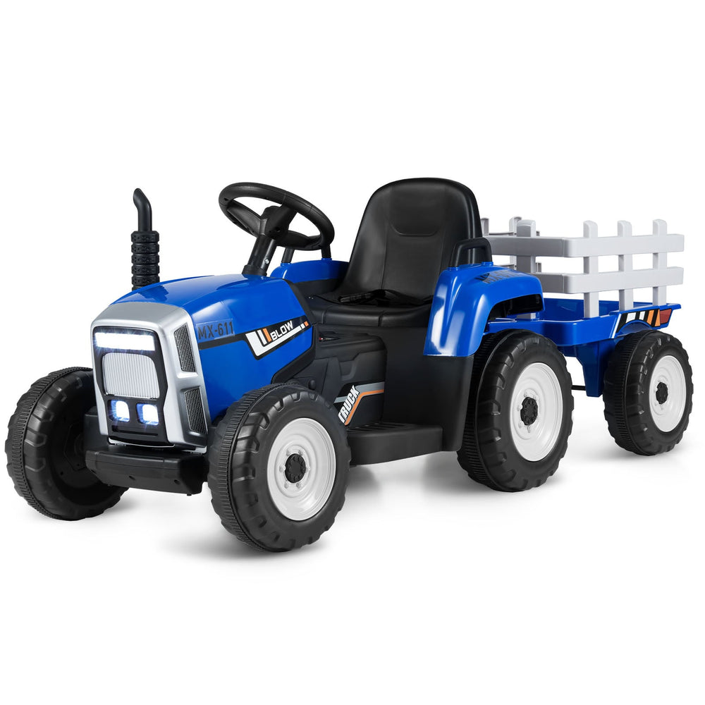 12V Kids Ride On Tractor with Trailer Music and LED Lights-Blue