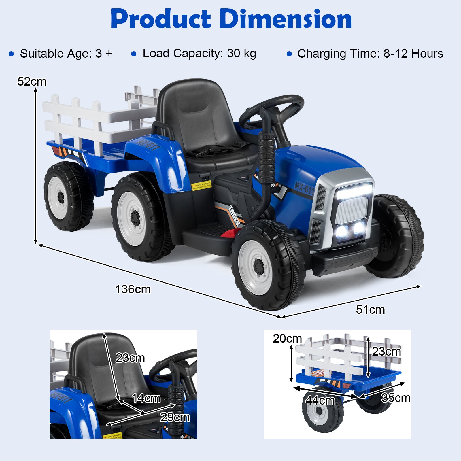 12V Kids Ride On Tractor with Trailer Music and LED Lights-Blue