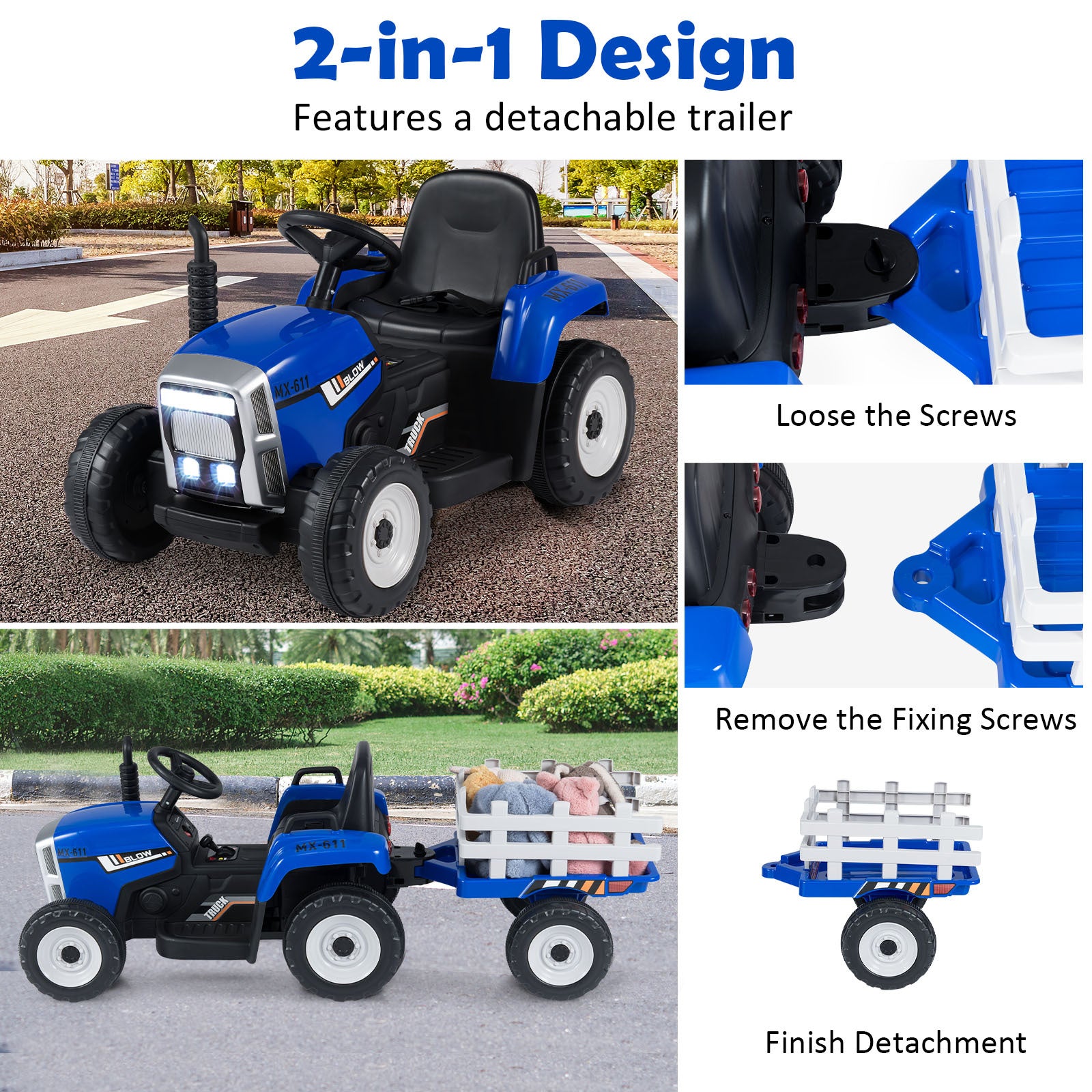 12V Kids Ride On Tractor with Trailer Music and LED Lights-Blue