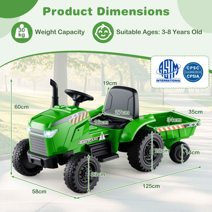 12V Kids Ride On Tractor with Trailer with Remote Control and Lights and Horn-Light Green