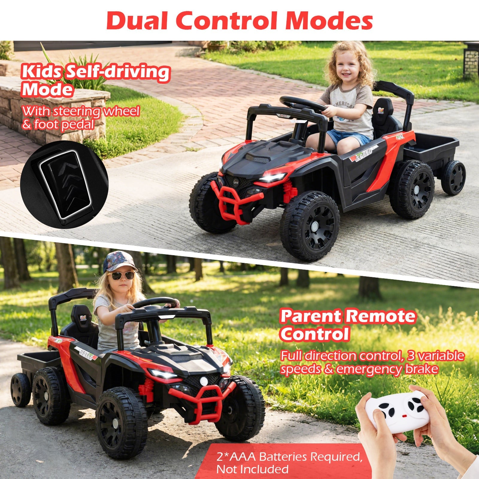 12V Kids Ride On UTV Tractor with Detachable Trailer-Red