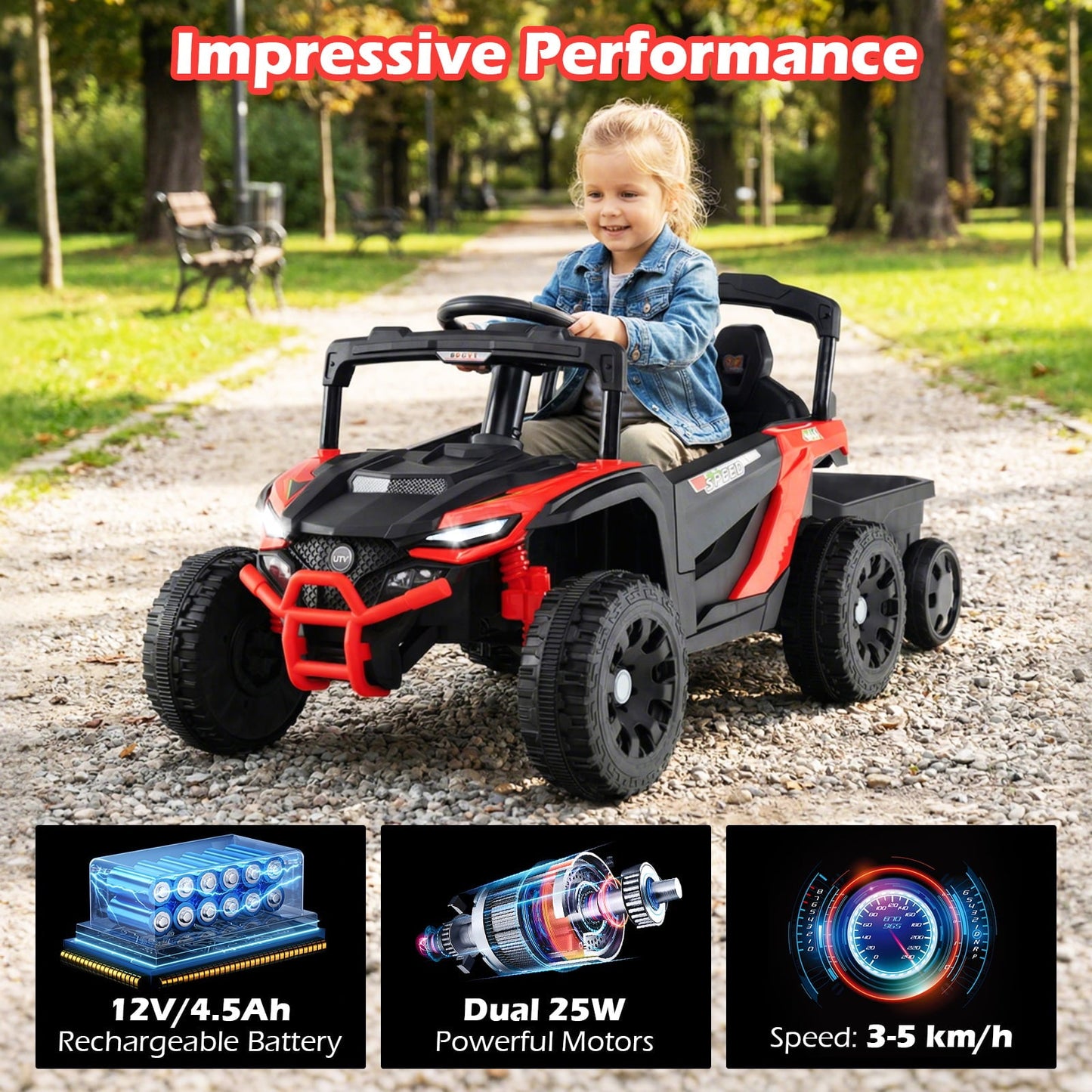 12V Kids Ride On UTV Tractor with Detachable Trailer-Red