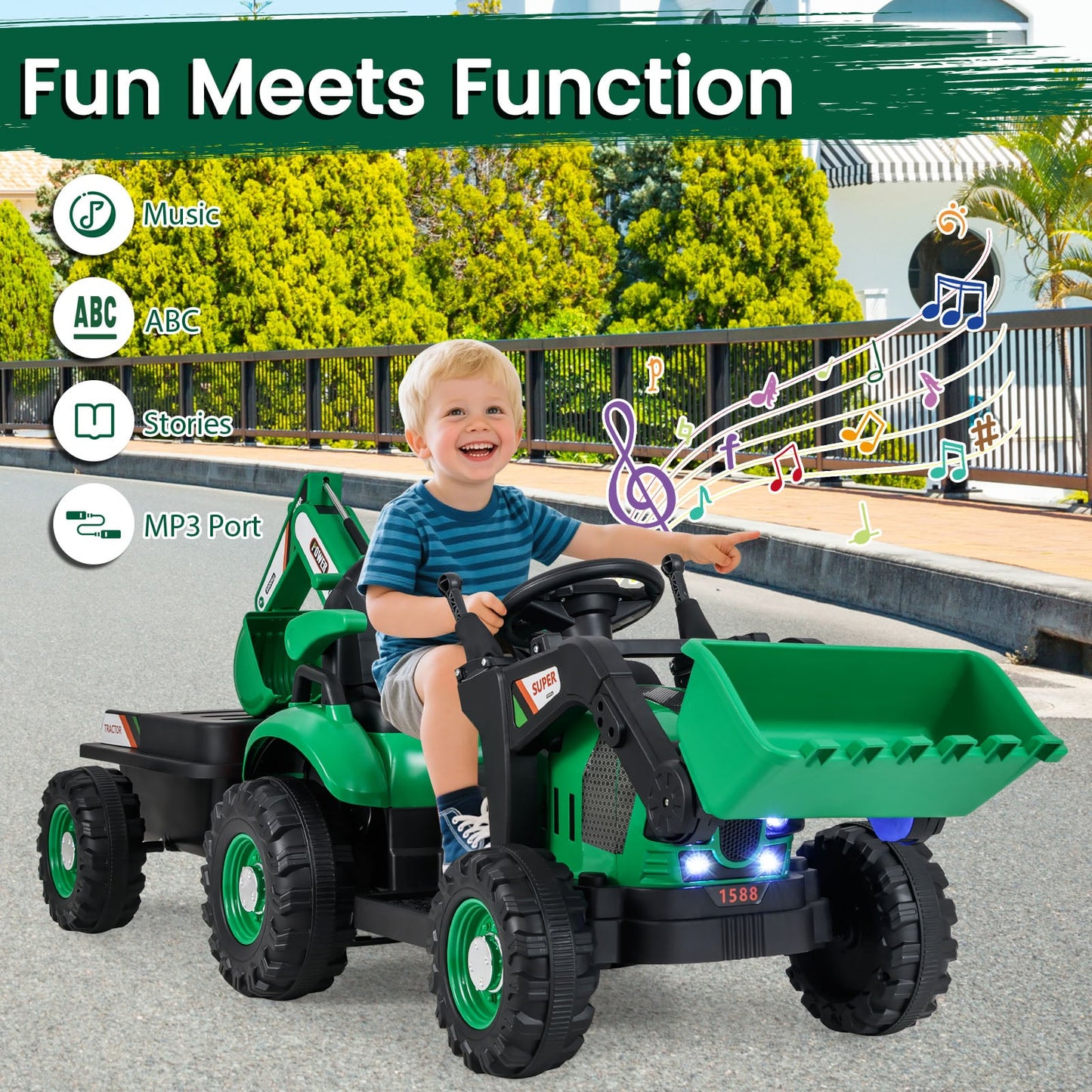 4-in-1 Ride on Tractor for Kids 12V with Remote Control and Trailer-Green