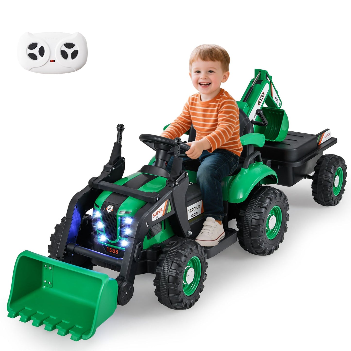 4-in-1 Ride on Tractor for Kids 12V with Remote Control and Trailer-Green