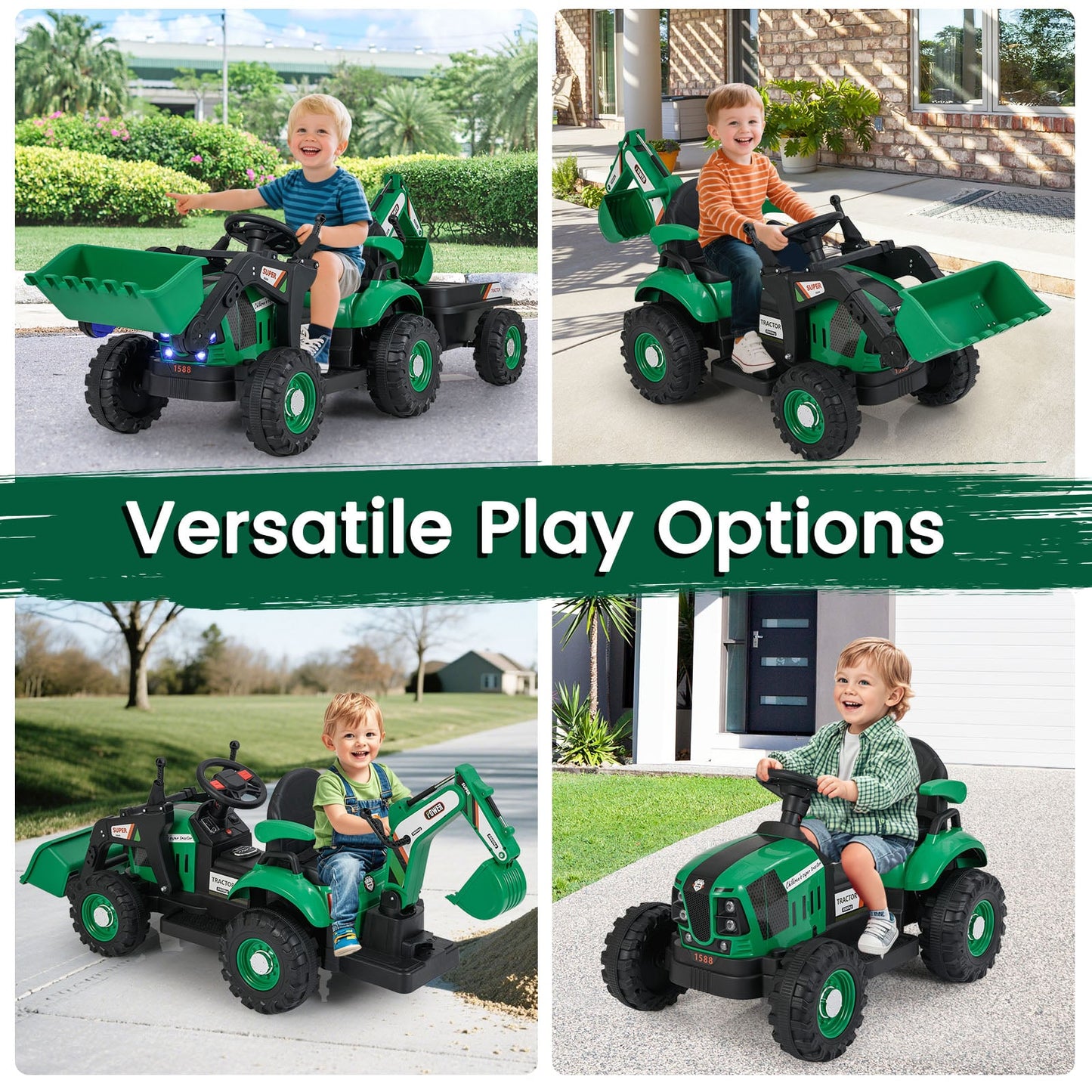 4-in-1 Ride on Tractor for Kids 12V with Remote Control and Trailer-Green