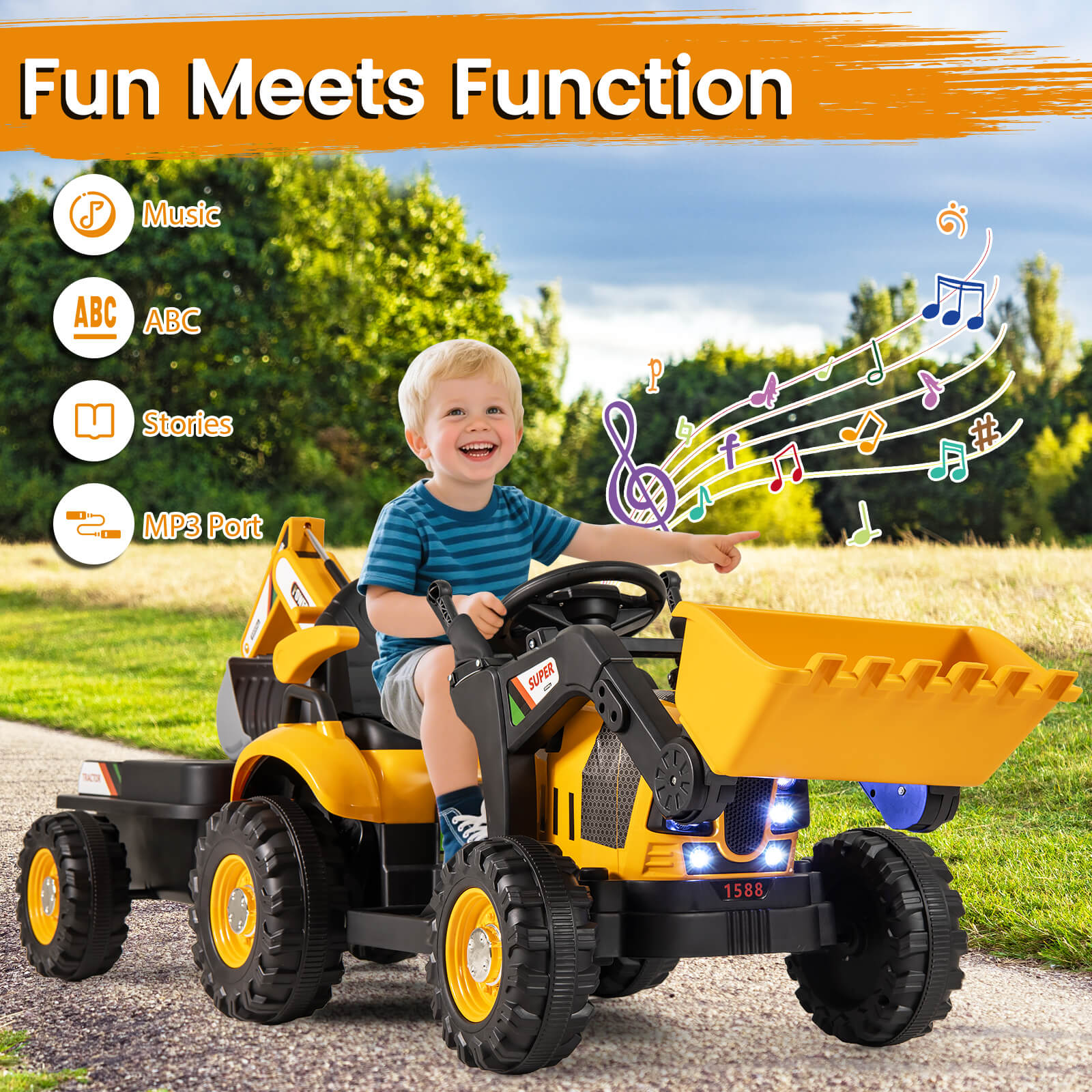 4-in-1 Ride on Tractor for Kids 12V with Remote Control and Trailer-Yellow