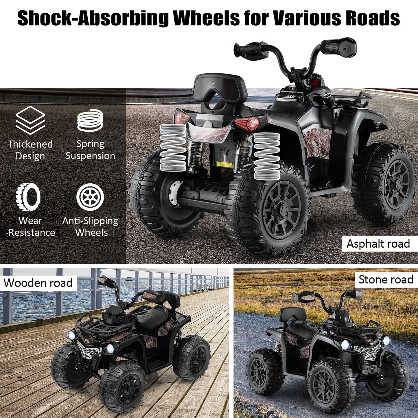 12V Electric Powered Quad Vehicle with Spring Suspension Oversized Wheels and Storage Basket-Black