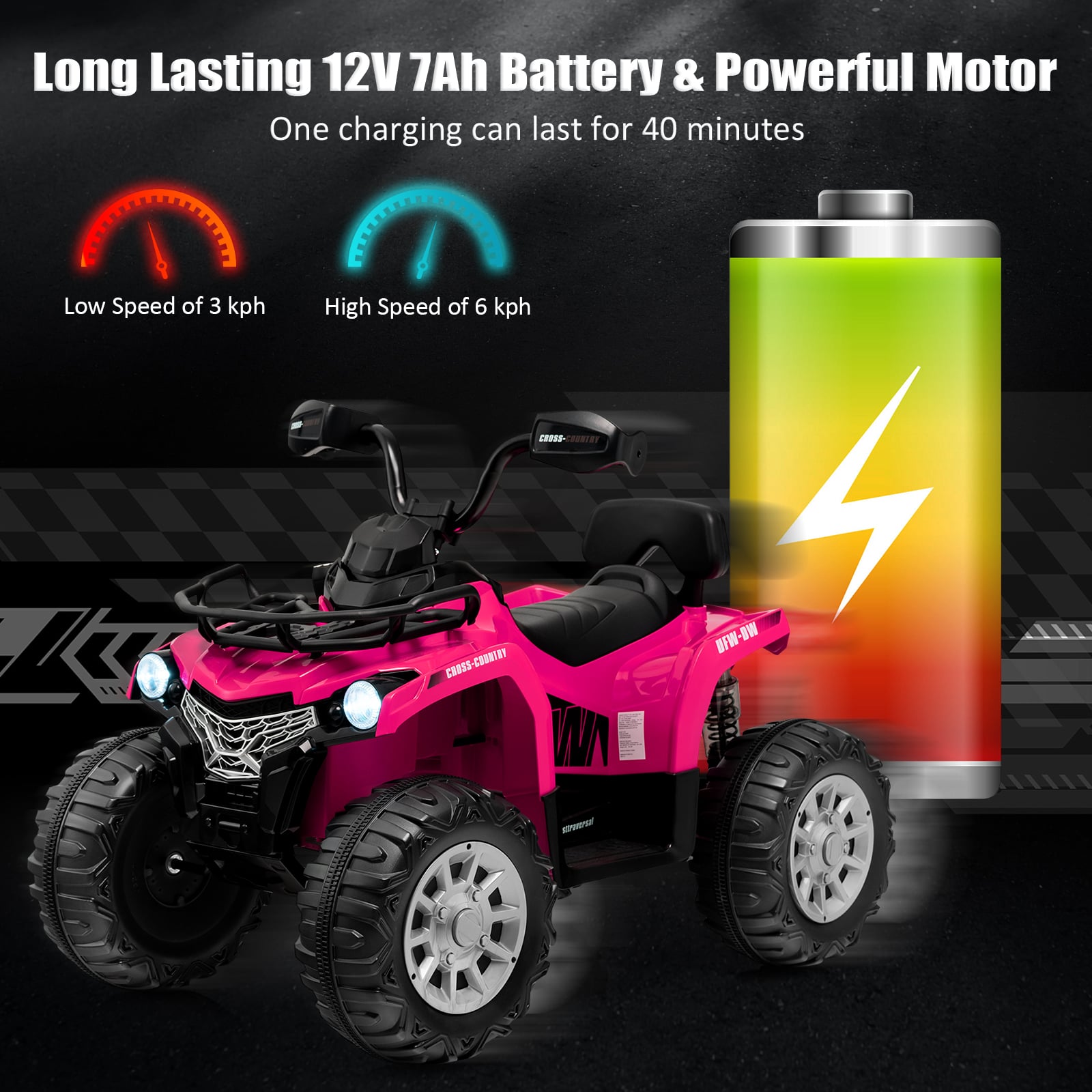 12V Electric Powered Quad Vehicle with Spring Suspension Oversized Wheels and Storage Basket-Pink