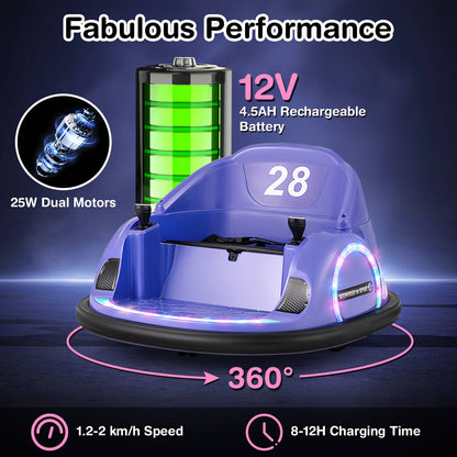12V Kids Ride on Bumper Car with Flashing Lights and Remote Control-Purple