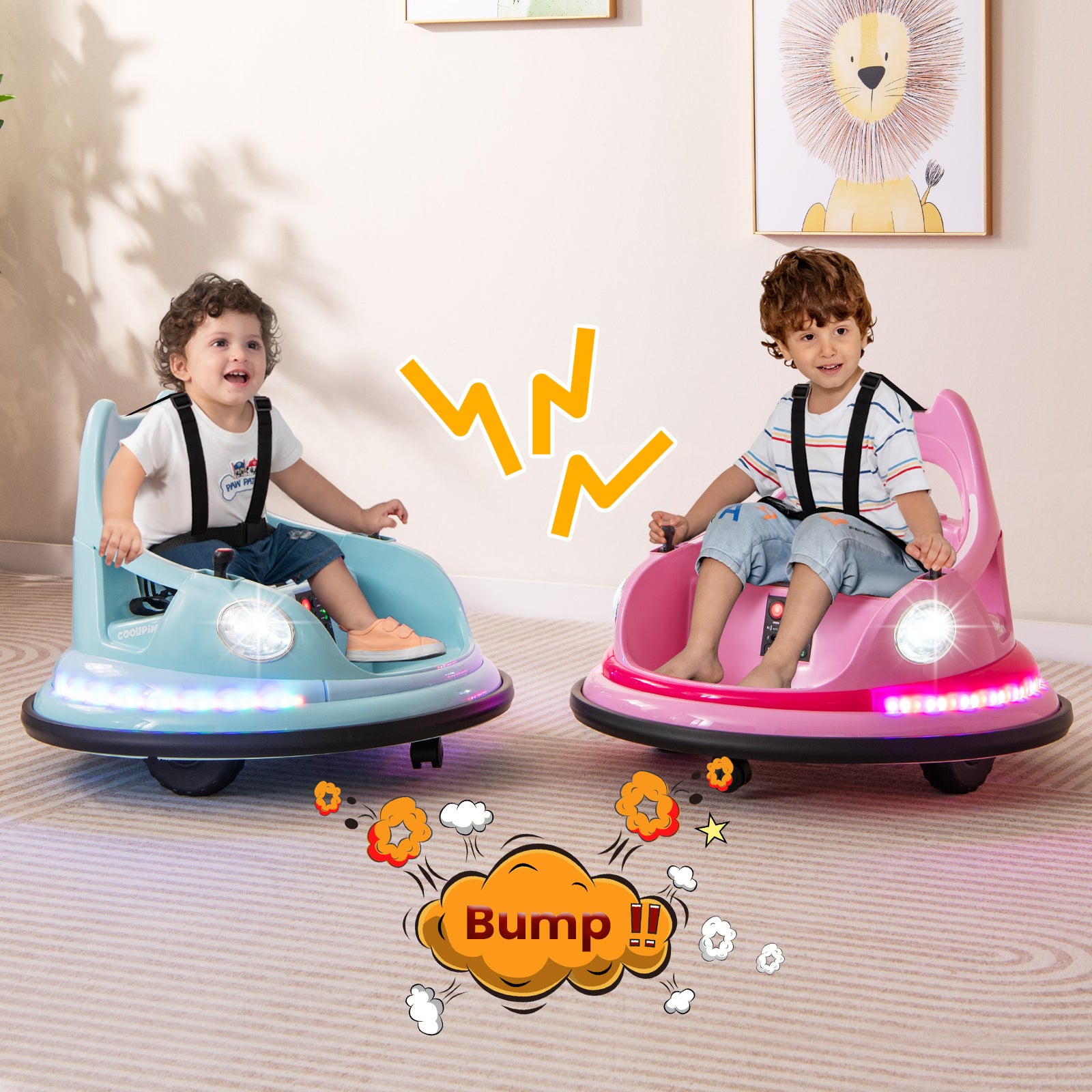 12V Kids Ride On Bumper Car with Dual Joysticks and 5 Light Effects-Pink