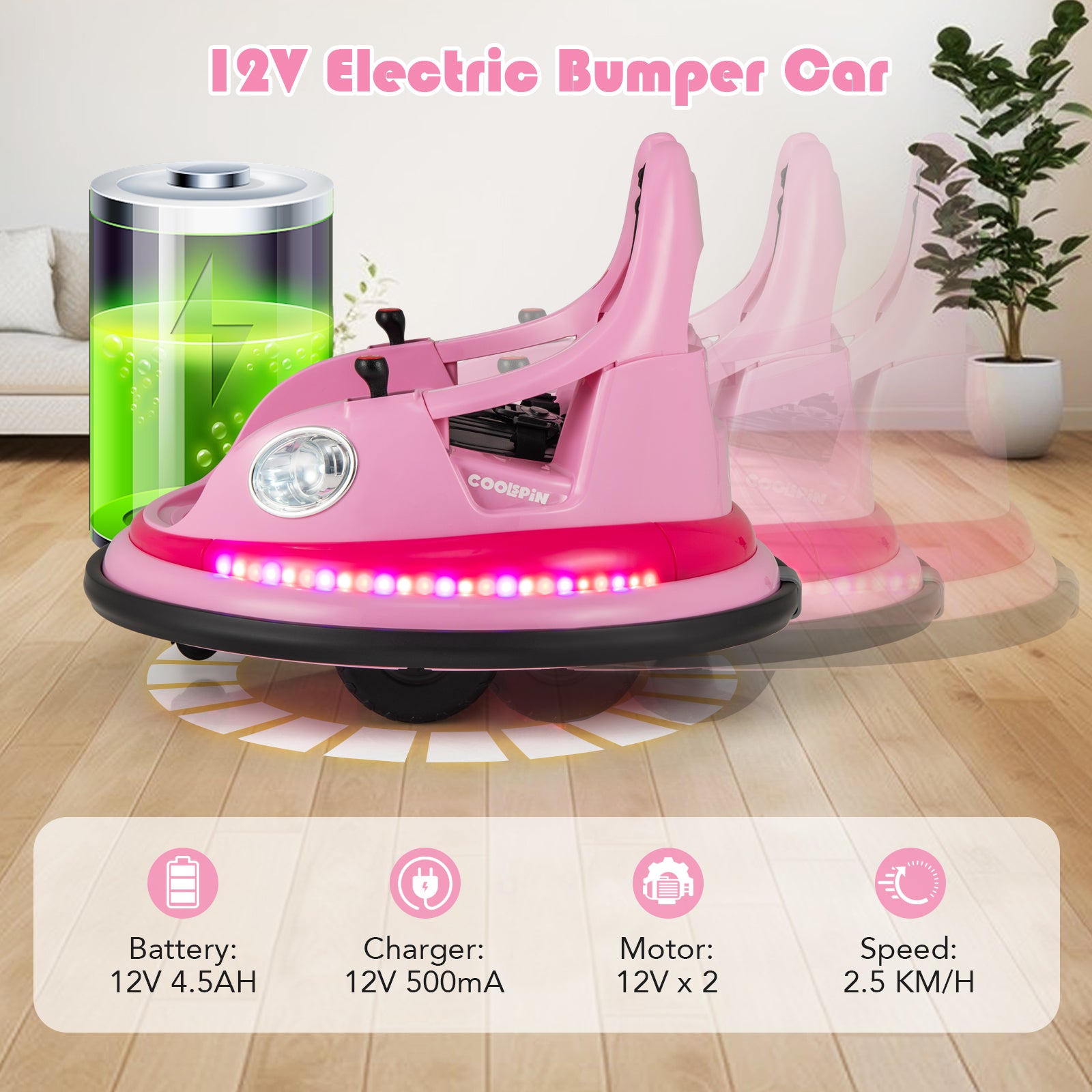 12V Kids Ride On Bumper Car with Dual Joysticks and 5 Light Effects-Pink