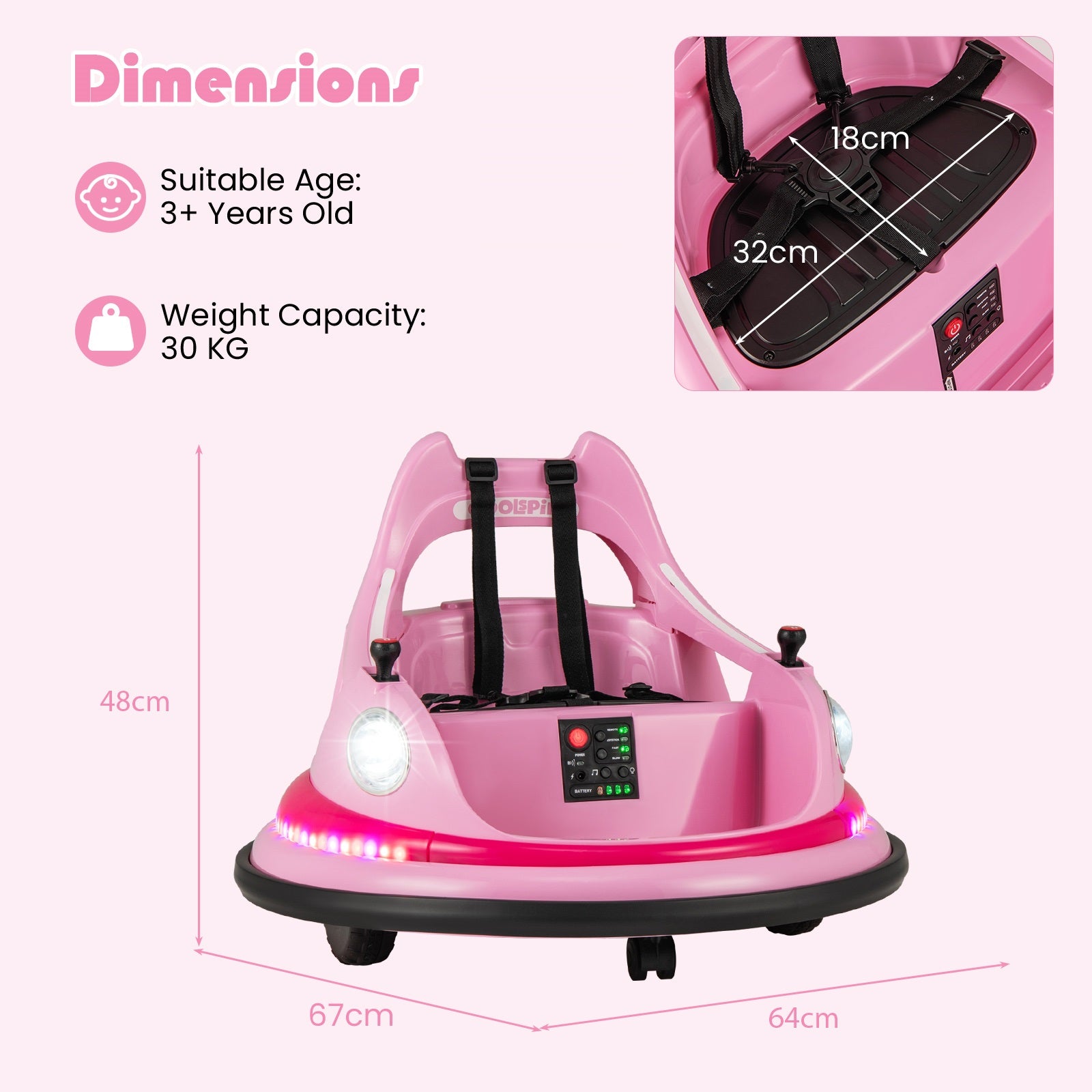 12V Kids Ride On Bumper Car with Dual Joysticks and 5 Light Effects-Pink
