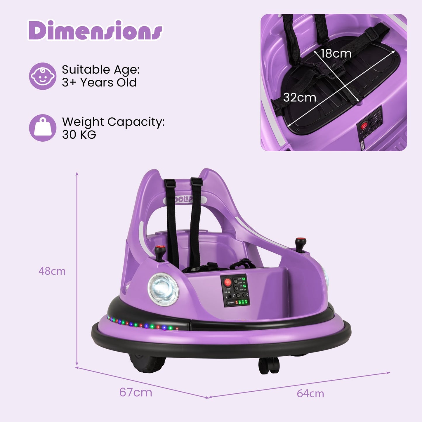 12V Kids Ride On Bumper Car with Dual Joysticks and 5 Light Effects-Purple