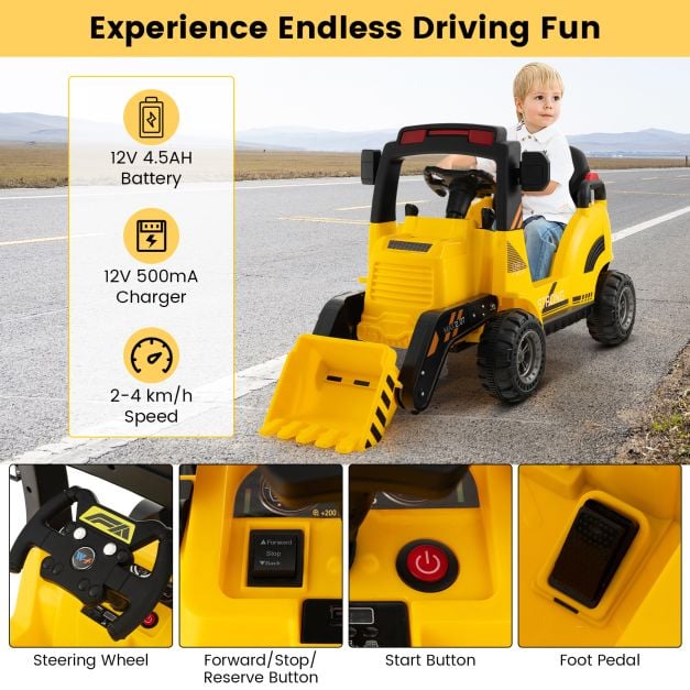 12V Kids Ride On Construction Tractor with Electric Bucket and Music-Yellow