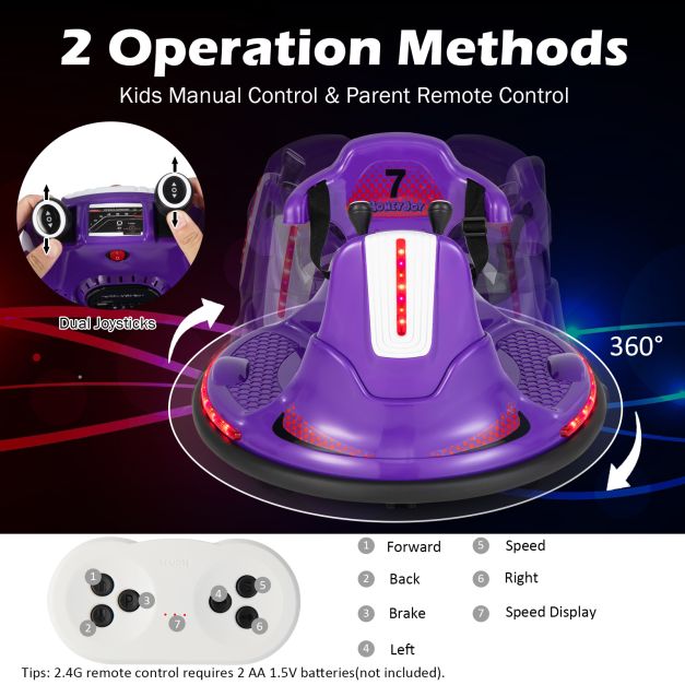 12V Kids Ride On Electric Bumper Car with Dual Joysticks and Remote Control-Purple