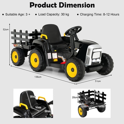 12V Kids Ride On Tractor with Trailer Music and LED Lights-Black