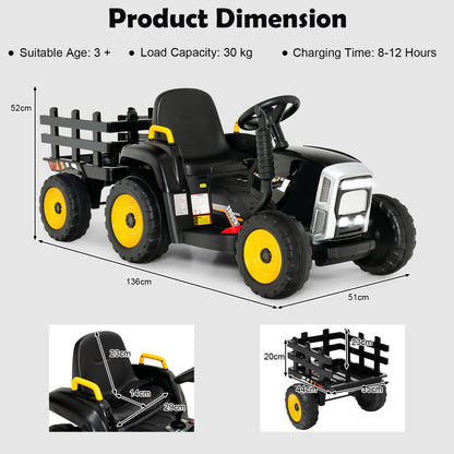 12V Kids Ride On Tractor with Trailer Music and LED Lights-Black