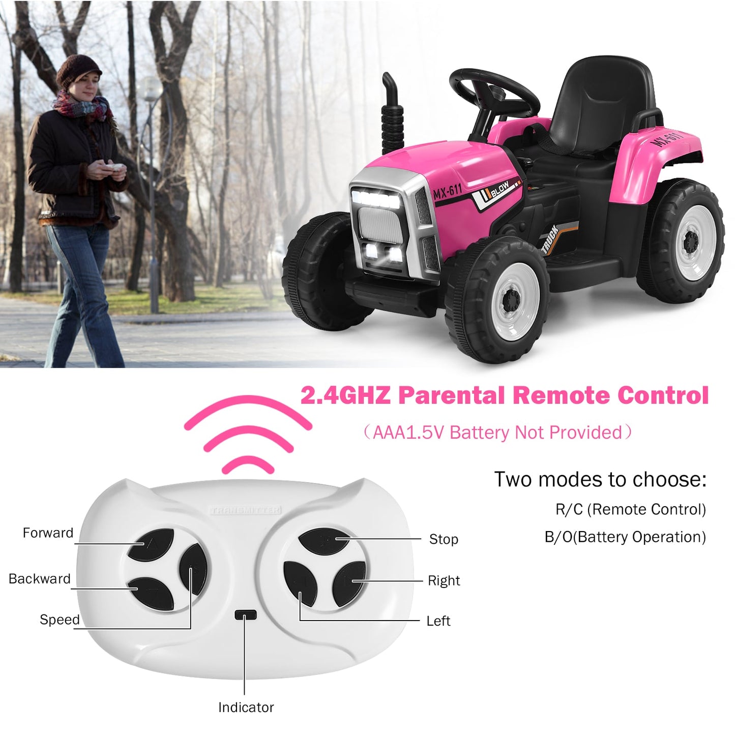 12V Kids Ride On Tractor with Trailer Music and LED Lights-Pink