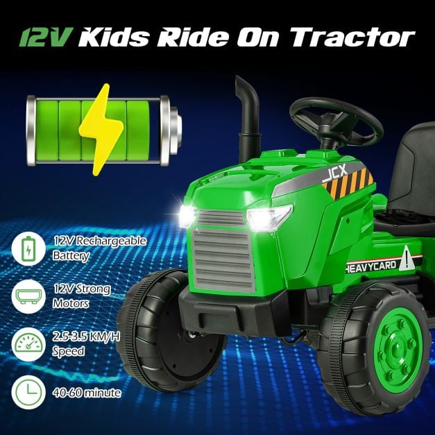 12V Kids Ride On Tractor with Trailer with Remote Control and Lights and Horn-Green