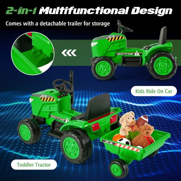 12V Kids Ride On Tractor with Trailer with Remote Control and Lights and Horn-Green