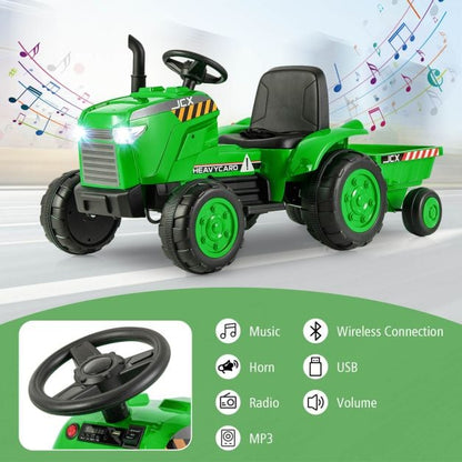 12V Kids Ride On Tractor with Trailer with Remote Control and Lights and Horn-Green